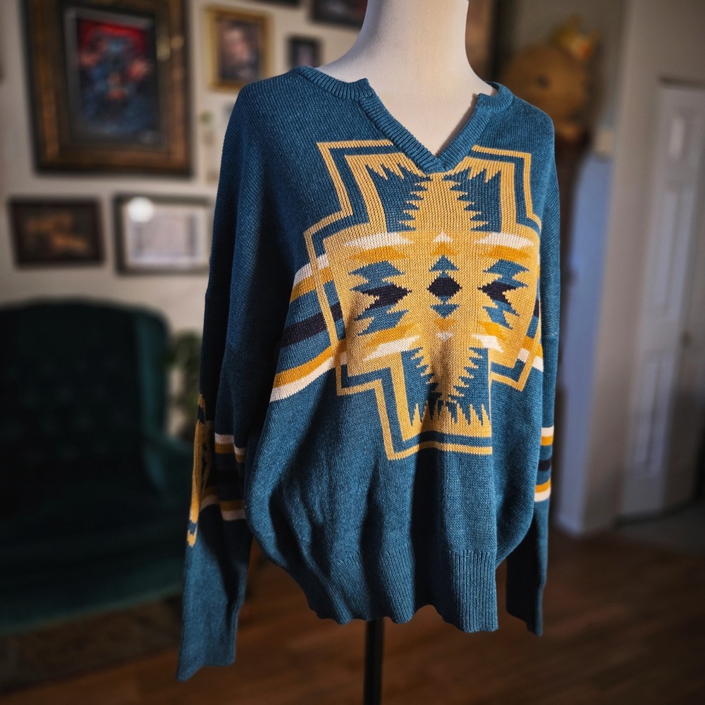 Pendleton Southwestern Tribal Pullover Sweater Teal V Neck Wool Blend NWT L
